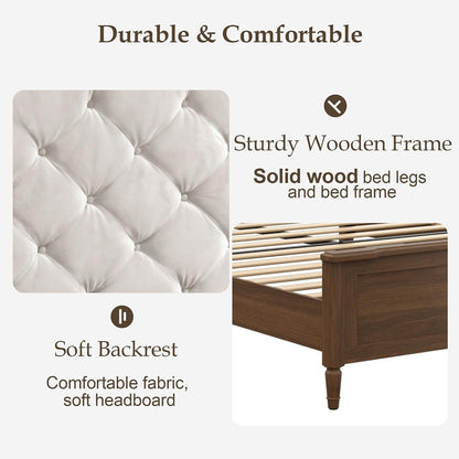 57" Tall Full Size Wood Bed Frame with Upholstered Headboard, Brown5