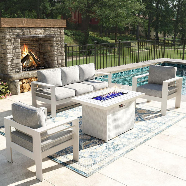 4 Pieces Modern Aluminum Patio Furniture Set with Fire Pit Table, Outdoor Conversation Sets Metal Sectional Sofa1