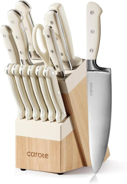 14-Piece Knife Set with Wood Block, Rust-Resistant, Cream | Razor-Sharp High Carbon Stainless Steel Knives, Long-Lasting Sharpness, Forged, Triple-Riveted Ergonomic Non-Slip Handles1