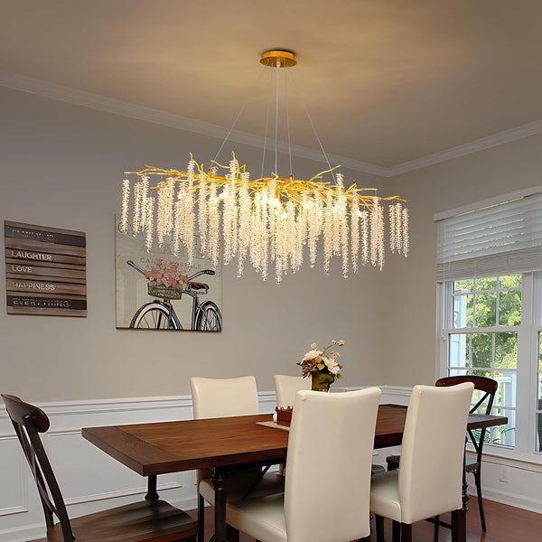 Tree Branches Chandeliers L39.5 Inch Gold Luxury Rectangular Crystal Raindrop Pendant Light 13 Lights Kitchen Island Hanging Light Fixture for Living Room Dining Room Foyer Entryway9