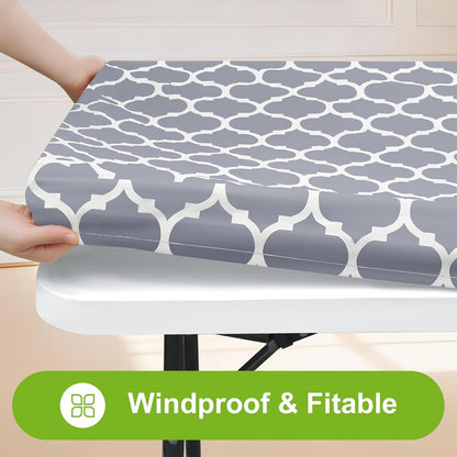 Picnic Fitted Table Cover, 6 Foot Flannel Backed Vinyl Tablecloth | Waterproof Elastic Stretch Table Cloth, Wipeable Plastic Tablecloth for Camping, Indoor & Outdoor (Grey, 30" X 72")2