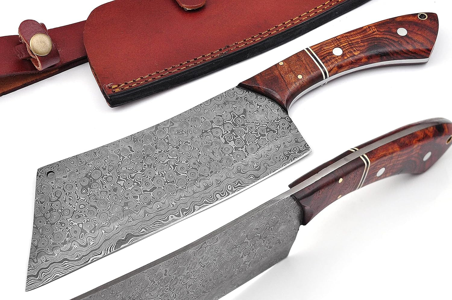 12-inches-long-damascus-steel-blade-meat-cleaver-with-leather-sheath-hand-forged-rain-drop-pattern-damascus-steel-blade-kitchen-chopper-natural-walnut-wood-scale-with-red-fiber-spacing