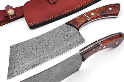 12 Inches Long Damascus Steel Blade Meat Cleaver with Leather Sheath, Hand Forged Rain Drop Pattern Damascus Steel Blade Kitchen Chopper, Natural Walnut Wood Scale with Red Fiber Spacing1