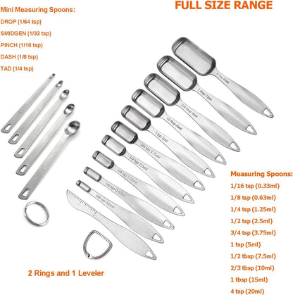 18/8 Stainless Steel Measuring Spoons Set of 16 Pieces, Includes 10 Narrow, 1 Leveler and 5 Mini Spoons3