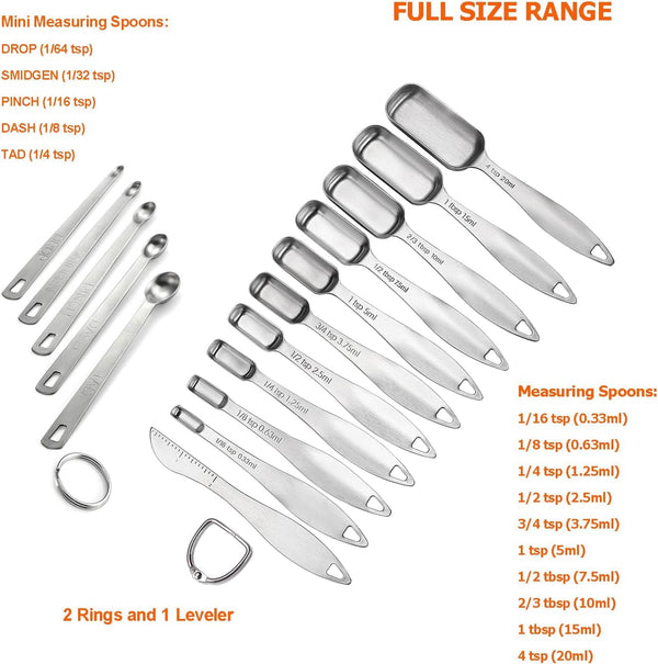 18/8 Stainless Steel Measuring Spoons Set of 16 Pieces, Includes 10 Narrow, 1 Leveler and 5 Mini Spoons3