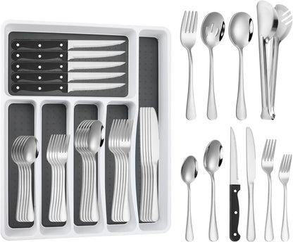 53PCS Silverware Set for 8 with Flatware Drawer Organizer, Stainless Steel Cutlery Set with Steak Knives, Include Spoons and Forks Set & Serving Utensils, Mirror Polished, Dishwasher Safe1