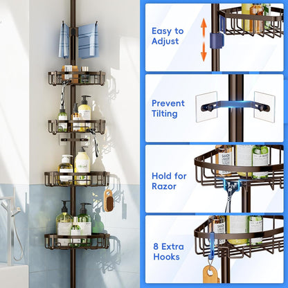 Corner Shower Caddy Tension Pole - 62-115 INCH - 4-Tier Rustproof Bathroom Organizer Shelves, Adjustable Bathtub Tub Shampoo Storage, Bronze5