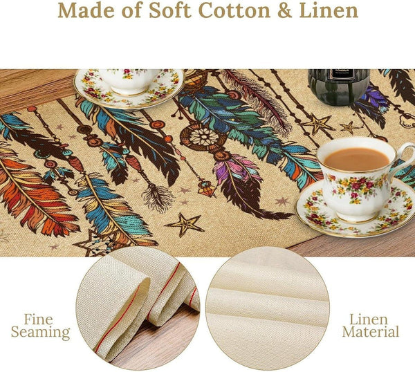 Boho Feather Table Runner, Vintage Tribal Ethnic American Indian Peacock Feathers Print Table Runner for Home Indoor Outdoor Party Wedding Decor, 13X60Inch6