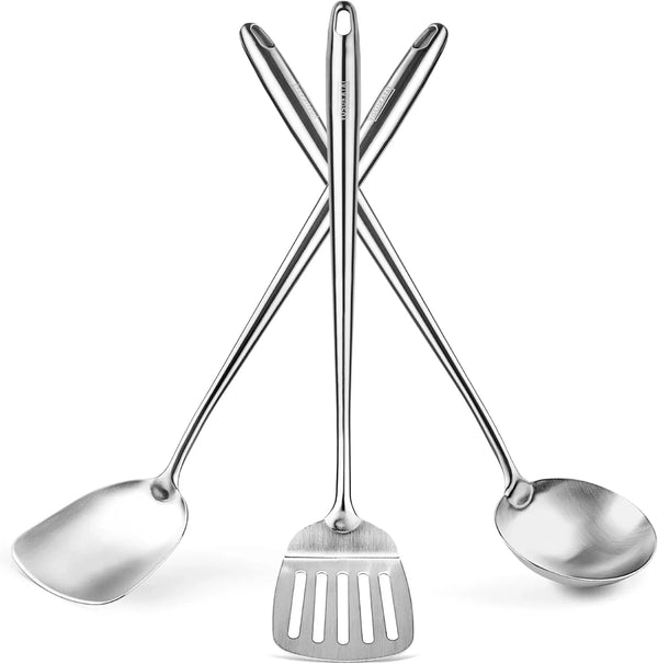 Carbon Steel Wok Pan – 13,5 “ Stir Fry Pans with Flat Bottom + Stainless Steel Wok Lid 12.8 in + 17" Spatula and Ladle and Turner Spatula7