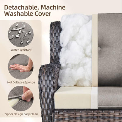4 Pieces Brown Wicker Patio Furniture Set with Fire Pit, Swivel Chairs Grey6