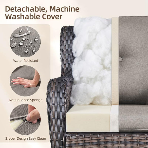 4 Pieces Brown Wicker Patio Furniture Set with Fire Pit, Swivel Chairs Grey6