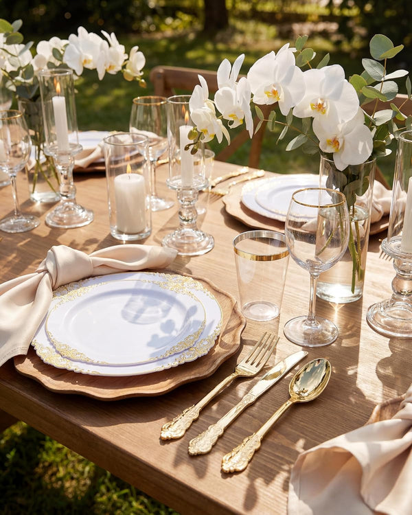 350Pcs Gold Plastic Plates, Disposable Dinnerware Set for 50 Guests8