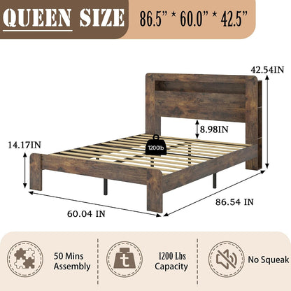 Wooden Bed Frame Queen Size with Storage Headboard, Bookcase Shelf2