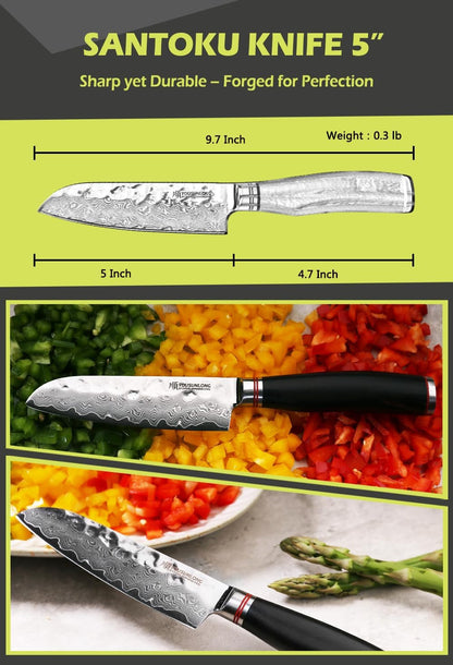 Santoku Knife 5 Inch Cutlery Knives Japanese 67 Layers Hammered Damascus Steel with Natural Leadwood5