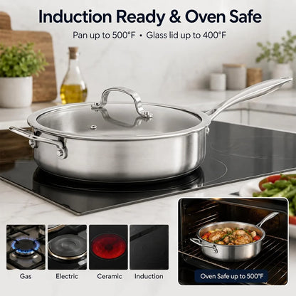 11 Inch Tri-Ply Stainless Steel Saute Pan with Glass Lid, 4.7 QT Deep Skillet for 3–4 Servings, 18/10 304 Interior, Induction Compatible, Oven & Dishwasher Safe5