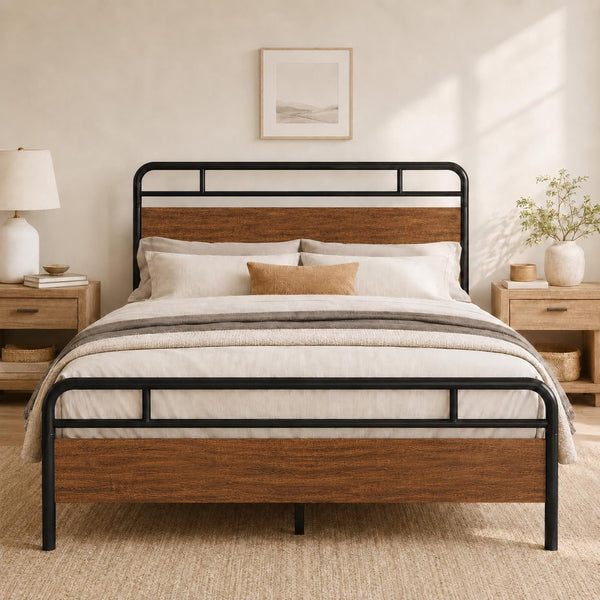 Full Size Industrial Bed Frame with Wood Panels, Walnut1