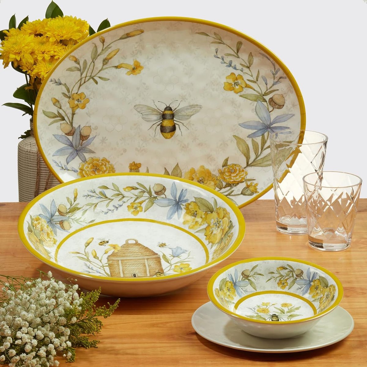 bee-sweet-12-piece-melamine-dinnerware-set-service-for-4-bee-floral-plates-and-bowls-durable-shatterproof-outdoor-tableware-for-spring-summer-entertaining