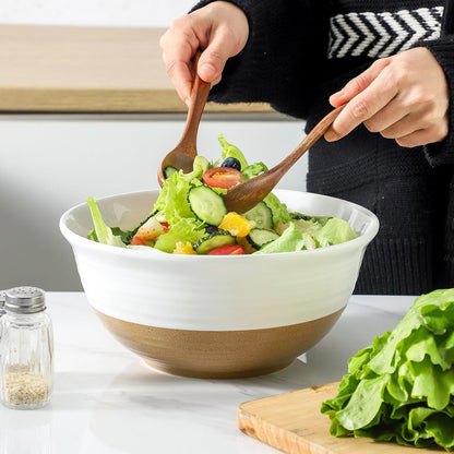 Large Ceramic Serving Bowls Set of 2, 84 Oz 9 Inch White & Terracotta Stoneware Mixing Bowls, Farmhouse Bowls for Salad, Baking, Popcorn & Side Dishes, Dishwasher & Microwave Safe7
