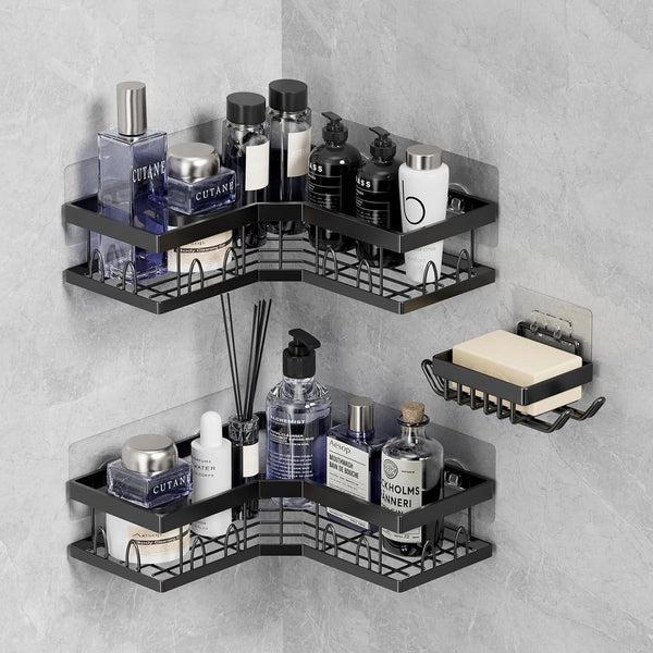 Corner Shower Caddy 3 Pack, Wall Mounted Stainless Steel Bathroom Organizer Shelf with Soap Dish, Adhesive No Drilling, Towel Hooks, Black1