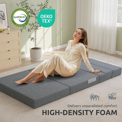 Folding Sofa Bed Queen, 6 Inches Foam Floor Sofa and Folding Mattress with Washable Cover, Fold Out Couch for Guests, Camping and Travel, Dark Gray, 80" X 60" X 6"3