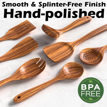 Wooden Spoons for Cooking, 10 Pcs Teak Wood Utensil Set for Nonstick4