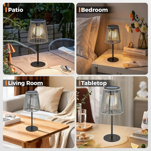 Solar Table Lamp Outdoor, Dual Solar & USB Charging Rattan Lamp, IP45 Waterproof Boho Desk Lamp, Portable Decorative Night Light for Patio Garden Yard Bedroom Living Room Tabletop8