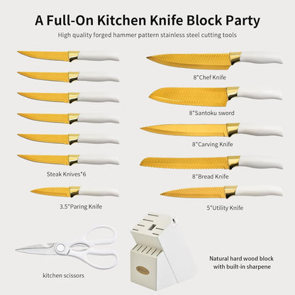 Knife Set, Non Stick Thick and Sharp Stainless Steel Kitchen Knives Set with Wood Block, 14 Pcs Cutlery Knives Block Set with Steak Knife, Bread Knife, Scissors, Chef Quality, White Handle Gold Blade2