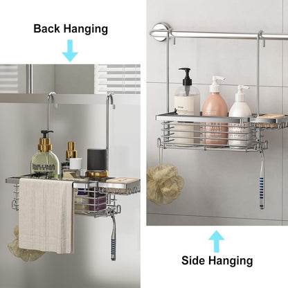 Hanging Shower Caddy, 304 Stainless Steel Shower Organizer with Towel Bar & Hooks, over Shower Rod, Towel Bar or Glass Panel Storage Basket with Soap Holder, Rustproof Bathroom Caddy, 1 Pack5