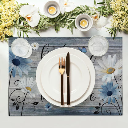 Rustic Farmhouse Quote Placemat Set of 4, 12X18 Inch Daisy Flowers Kitchen Seasoned with Love Grey Linen Washable Table Mats for Home Party Indoor Kitchen Dining Decoration3