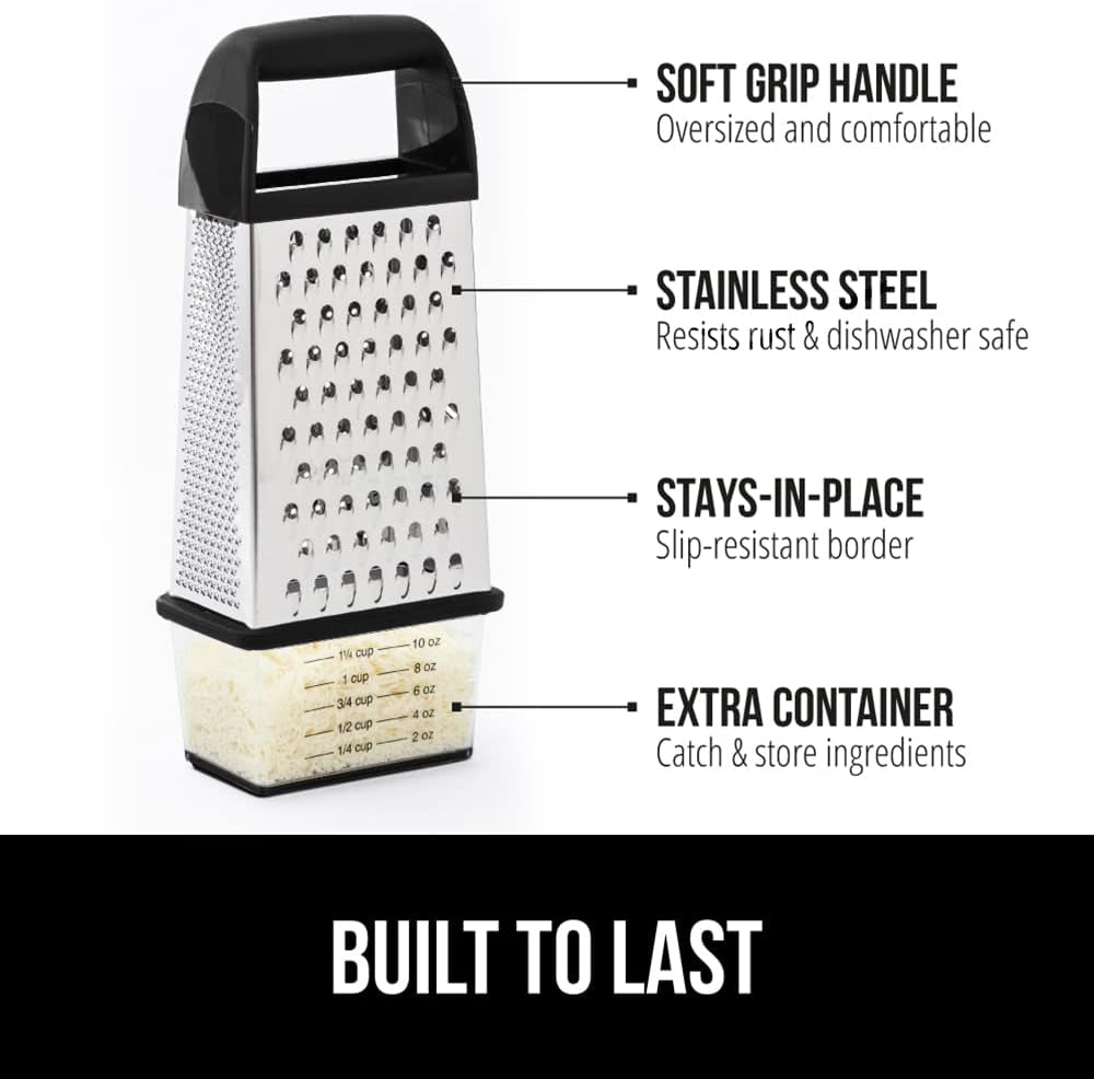 gorilla-grip®-xl-4-sided-stainless-steel-cheese-grater-with-measurement-container-bpa-free-box-grater-slip-resistant-base-grate-hard-parmesan-shred-veggies-zest-citrus-dishwasher-safe-black
