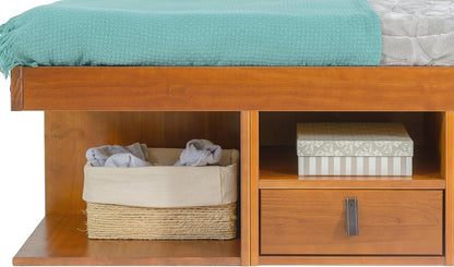 Bali King Size Storage Platform Bed with 6 Drawers, 6 Shelves, 3 Door Cabinets, 2 Pullout Nightstands, Solid Pine Wood Bed Frame with Underbed Storage, No Box Spring Needed, Oak Brown9
