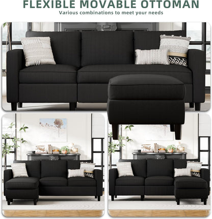 L-Shaped Sectional Sofa, Sectional Couches with Reversible Ottoma, 3-Seat Small Couch, Modern Ribbed Fabric Sofa for Living Room Apartment, Compact Comfy Upholstered Couch, Matte Black5