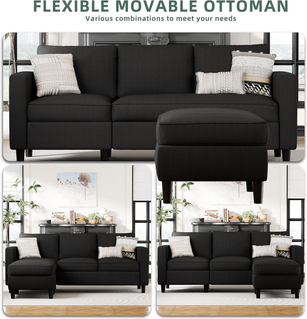 L-Shaped Sectional Sofa, Sectional Couches with Reversible Ottoma, 3-Seat Small Couch, Modern Ribbed Fabric Sofa for Living Room Apartment, Compact Comfy Upholstered Couch, Matte Black5