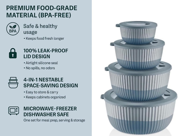 Plastic Mixing Bowls with Lids, 8-Piece Airtight Leak-Proof Nesting Bpa-Free Prep Bowl Set for Kitchen & Food Storage, 500Ml, 1300Ml, 2600Ml & 4200Ml, Microwave & Dishwasher Safe (Gray)3