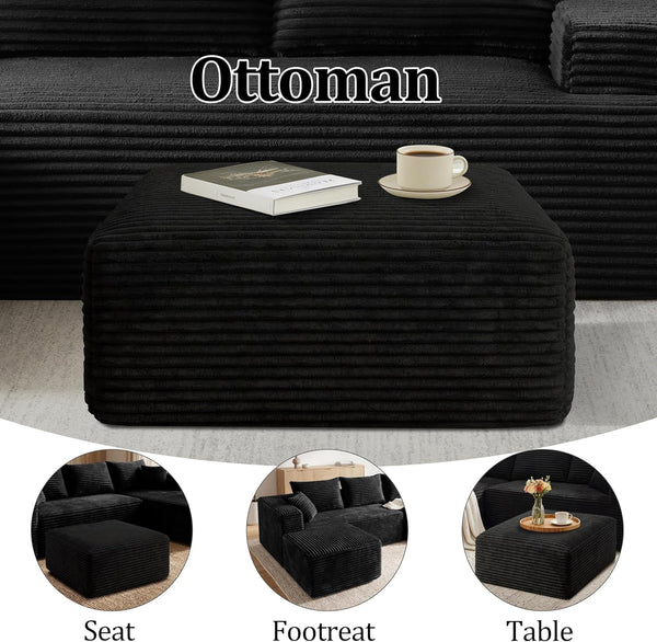 Boneless Ottoman, Modern Corduroy Cloud Foot Rest Foam Support, Oversized Modular Sectional Sofa Stool for Living Room, Bedroom & Small Spaces, No Assembly Required (Black, Ottoman)9