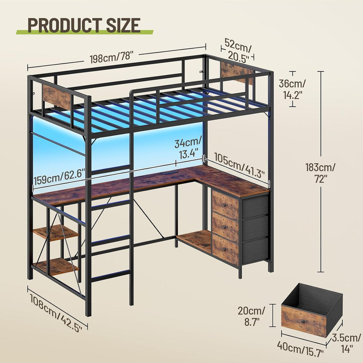 twin-size-loft-bed-with-l-shaped-desk-3-storage-drawers-charging-station-metal-kids-loft-bed-frame-with-led-light-ladder-open-storage-shelves-no-box-spring-needed-rustic-brown-black