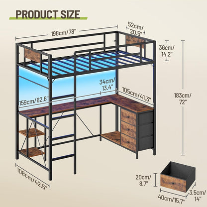 Twin Size Loft Bed with L-Shaped Desk, 3 Storage Drawers, Charging Station, Metal Kids Loft Bed Frame with LED Light & Ladder, Open Storage Shelves, No Box Spring Needed, Rustic Brown & Black2