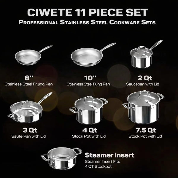 11-Piece Tri-Ply Stainless Steel Pots and Pans Set, 18/10 Stainless Steel Cookware Set with Steamer Insert, Induction Kitchen Cookware Sets with Cool Ergonomic Handles, Dishwasher, Oven Safe3