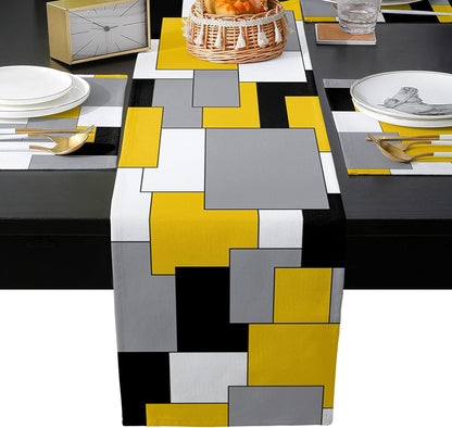 Table Runner with Placemats Set of 6, Yellow Grey Black Splicing Color Block Cotton Linen Kitchen Dining Mats Non-Slip Table Cover 13"X70", Table Mats Set for Dresser Dining Table Abstract Modern Art6
