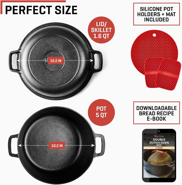 2-In-1 Cast Iron Dutch Oven Large - 5 Quart Dutch Oven Pot with Lid, Pre-Seasoned Cooking Dish for Bread Baking and Stews - Heavy Duty Cast Iron Pot with Detachable Frying Pan Lid for Versatile Cooking2