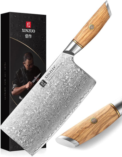 Cleaver Knife 7.5 Inch, 73 Layer Damascus Steel Powder Steel Core Chinese Chef'S Knife, Multifunction Vegetable Meat Slicing Knife with Olive Wood Handle -Lan Series1