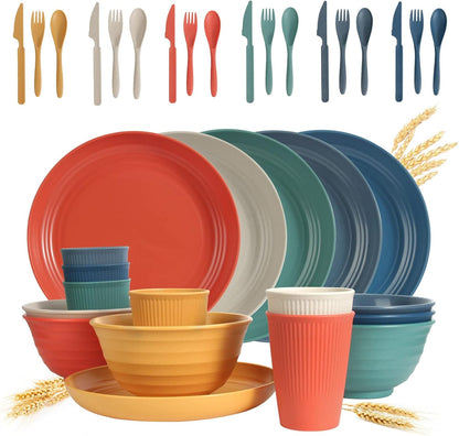 Wheat Straw Dinnerware Sets 36 Piece Unbreakable Dinnerware Sets, Reusable Wheat Straw Plates and Bowls Sets, Travel Camping Cutlery Set, Dishwasher Microwave Safe Dinnerware Colourful1