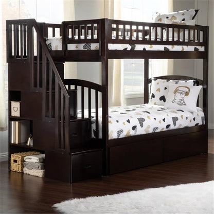 Wood Staircase Storage Bunk Bed, Twin over Twin, Espresso Finish, Eco-Friendly Hardwood, 2 under Bed Drawers, 4 Staircase Drawers, 3 Built-In Shelves, Kids Room Furniture9