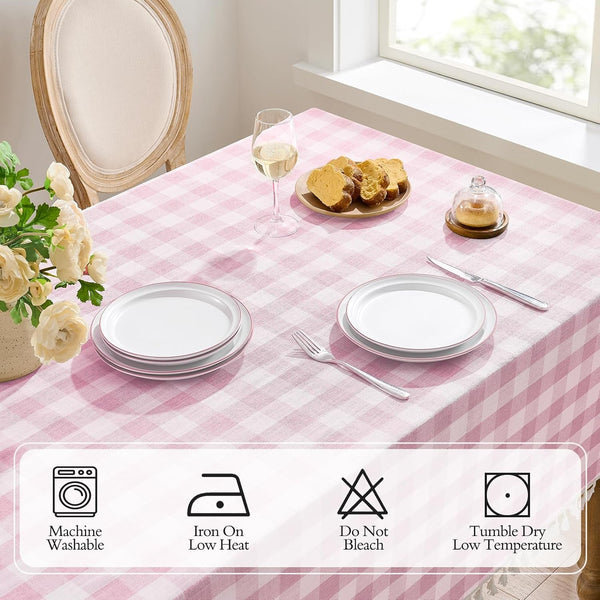 Checkered Tablecloth Rectangle, Linen Cotton Gingham Table Cloth with Tassel, Washable Buffalo Plaid Table Cover Wrinkle Free for Kitchen, Dining and Outdoor Picnic - 55 X 70 Inch, Pink3