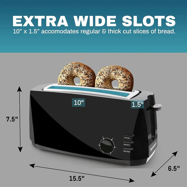 ECT4829B 4-Slice Long Slot Toaster, Extra-Wide Slots, Black | 6 Toast Settings, Defrost, Reheat & Cancel Functions, Slide-Out Crumb Tray, Great for Bagels & Waffles6