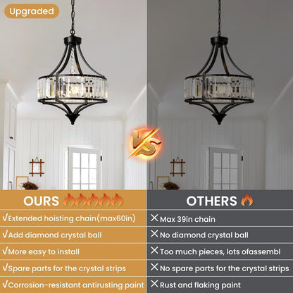 Black Crystal Chandelier Rustic Pendant Light Modern Farmhouse Chandeliers Antique Hanging Light Fixture for Living Room Bedroom Foyer Kitchen Island Entryway 16" W2