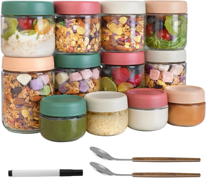 12Pack Overnight Oats Containers with Lids, 16Oz, 8Oz & 4Oz Glass Jars with Airtight Lids, Wide Mouth Mason Salad Jars, Glass Food Storage Containers for Yogurt Chia Pudding Snacks Cereal & Spices1