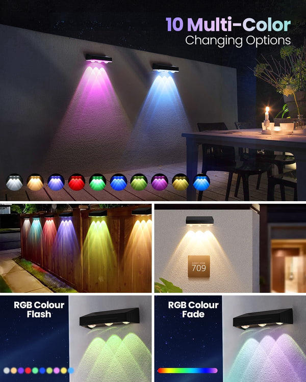 2025 Upgraded Solar Fence Lights Outdoor 8 Pack, 3000K-6000K Solar Deck Lights 30H Runtime, 12 RGB Modes Solar Powered Wall Lights IP65 Waterproof Auto On/Off for Backyard, Patio, Step, Gutter 1 Lens2