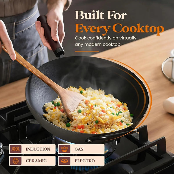 Carbon Steel Wok with Lid Ceramic Nonstick Flat Bottom Wok Pan Induction Compatible Stir Fry Wok Beech Wood Handle Glass Lid Healthy Cooking Wok for Gas Electric Ceramic Halogen Cooktops4