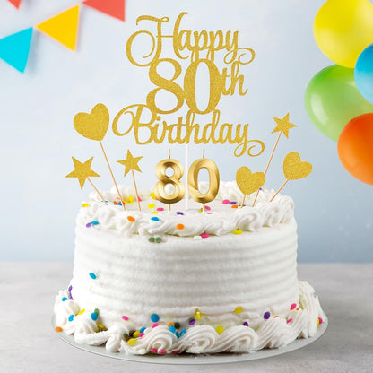80Th Birthday Cake Decorations, 80Th Birthday Candles Cake Numeral Candles and Glitter Happy 80Th Birthday Cake Toppers Set for Birthday Party Supplies (Gold)5